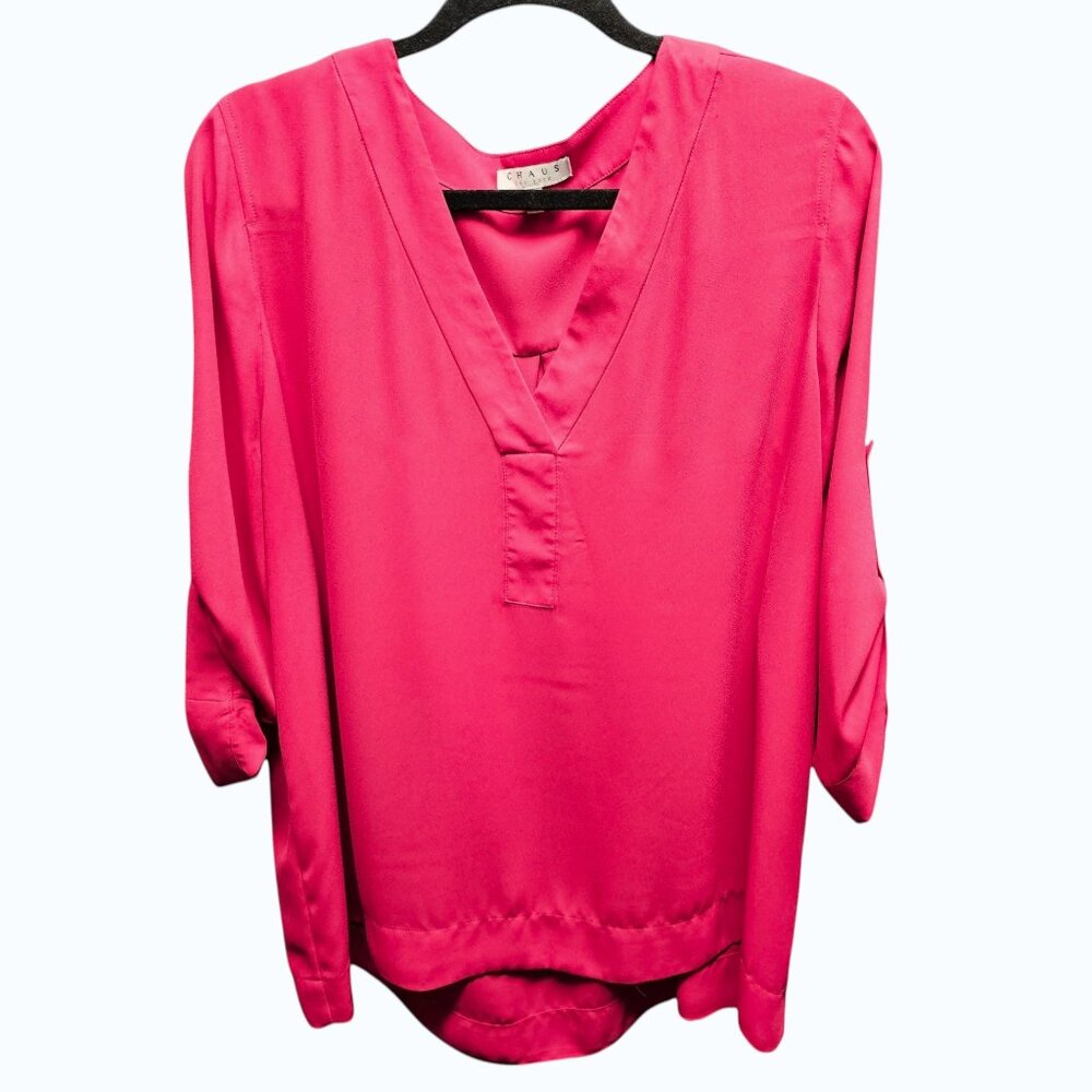 Chaus New York Rose Red V-Neck Blouse Roll-Tab Sleeves Pretty & Flowy Size XL